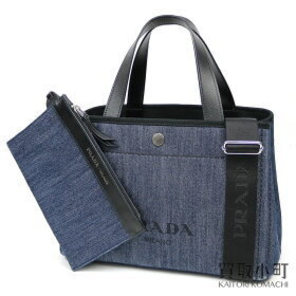 PRADA Leather Denim Tote Bag Blue Screen Lettering Logo Shoulder Handbag